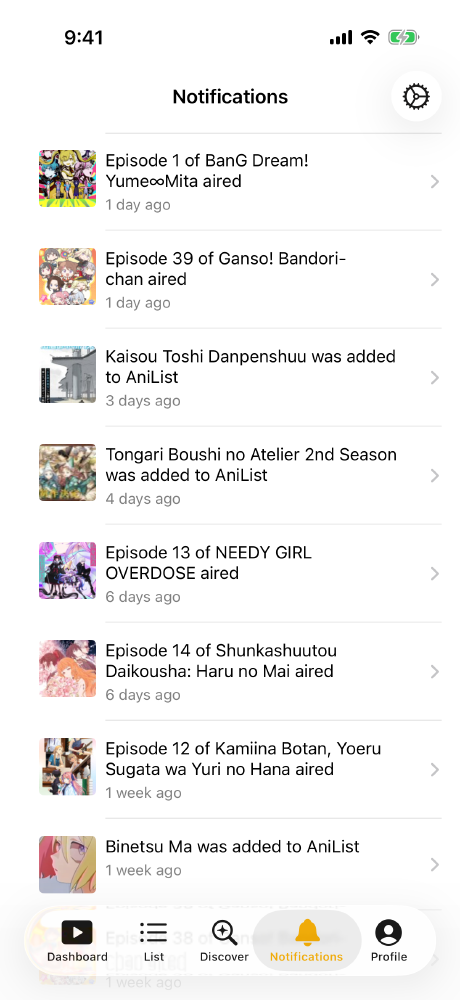 Screenshot of the AniList notifications list
